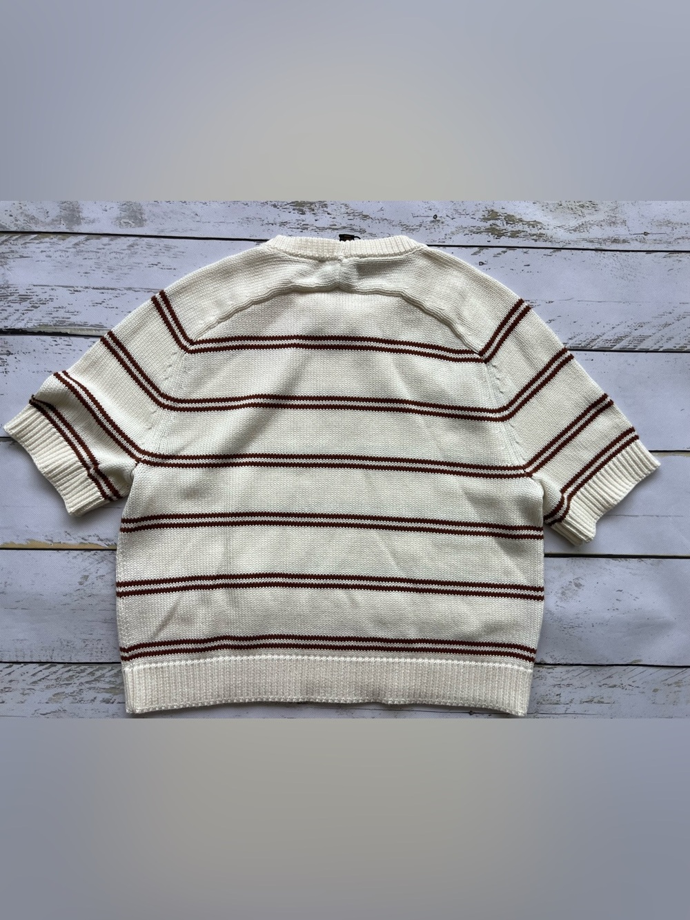 NWT Truth by Republic Ivory Brown Striped Short Sleeve Knit Sweater Top cropped - Picture 3 of 5
